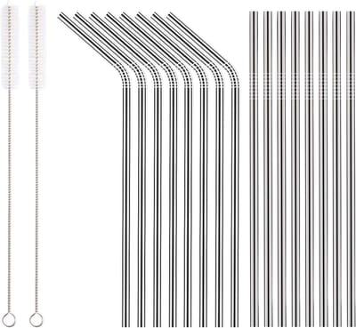18-delige RVS Rietjes Set, Herbruikbare 8.5 Inch Rietjes met Opbergtas (8 Recht/8 Gebogen/2 Schoonmaakborstels) voor Duurzaam Gebruik