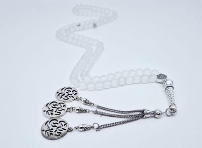 Handgemaakte tesbih "Tasbih" natuursteen "Selenite" - Aantal kralen 99 - Diameter kralen 8MM - met metaal tassel "Tabarak Allah" - Een mooi cadeau-idee