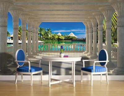 Tropical View Through Pillars Photo Wallcovering