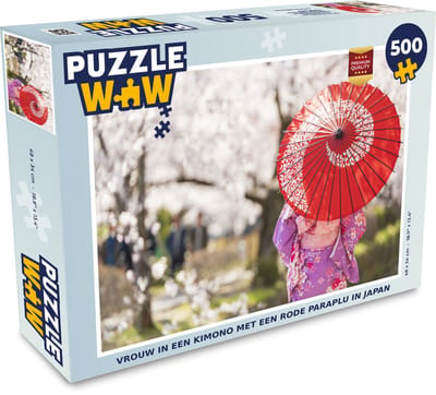 Puzzel Vrouw in een kimono met een rode paraplu in Japan - Legpuzzel - Puzzel 500 stukjes