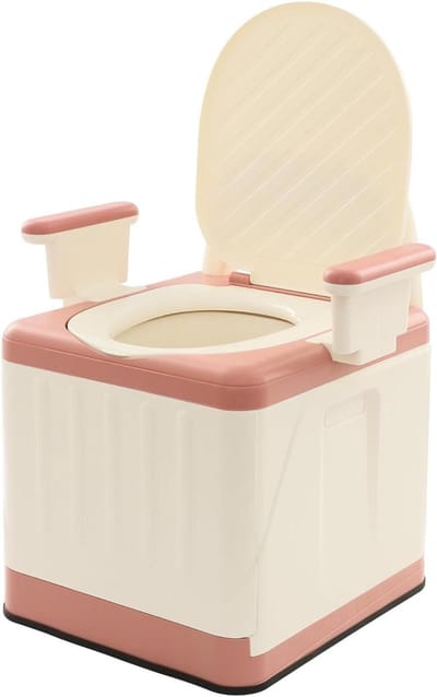 Draagbaar toilet Bedside commode toilet met deksel, draagbare toilet-nachtcommodestoel met handgrepen, 150 kg belastbaar, voor badkamer, slaapkamer, reizen, camping (roze)