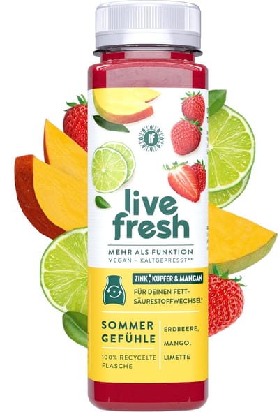 LiveFresh zomerfruitsap – koudgeperst vruchtensap zonder toegevoegde suiker – gemaakt van aardbei, mango, limoen – Sommer Gefühle – 6x250ml
