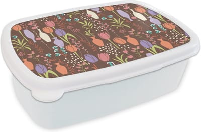Broodtrommel Wit - Lunchbox - Brooddoos - Bloemen - Vaas - Patronen - 18x12x6 cm - Volwassenen