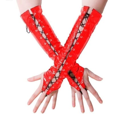 Gants Longs Sexy en PVC Noir Rouge pour Femmes Dames Fétiche Cuir Synthétique Gants à Bandage Noir Tenue de Club Sexy Costumes Cosplay Club Nocturne One Size red
