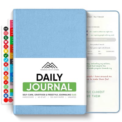 Dagboek Mindfulness Productiviteit - Schrijf Journal - Persoonlijke Groei - Geïnspireerde Prompts - 15.24 x 22.86 cm - Blauw