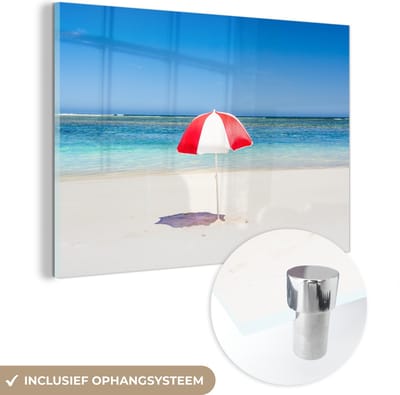 ® Glasschilderij 180x120 cm - Schilderij acrylglas - Parasol op het witte strand van de Kust van Ningaloo - Foto op glas - Muurdecoratie woonkamer - Wanddecoratie slaapkamer - Schilderijen
