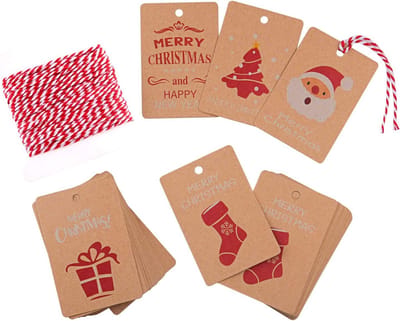 Dailygoods- Cadeaulabels 50 Stuks - Kraftpapier - 5 Kerstmotieven - Koord om op te Hangen - Verpakkingsetiketten - Ideaal voor Knutselprojecten - Cadeaukaartjes