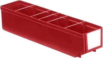Stellingbak,magazijnbak, materiaalbak, onderdelenbak met de afmeting van 40 x 9,3 x 8,3 cm (LxBxH) verpakt per 15 stuks.