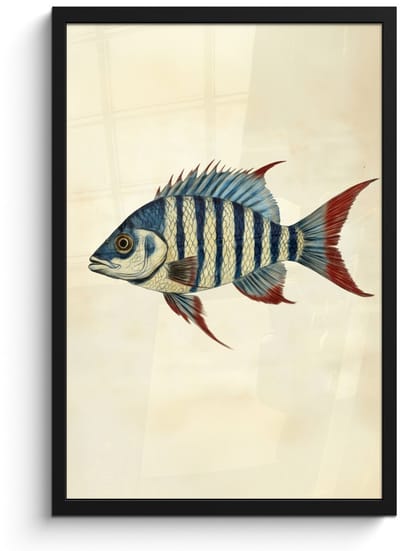 Poster in lijst - Fotolijst 40x60 cm - Posters - Gestreept - Donkerblauw - Rugvin - Vis - Posterlijst zwart - Decoratie - Wanddecoratie woonkamer - Muurdecoratie slaapkamer