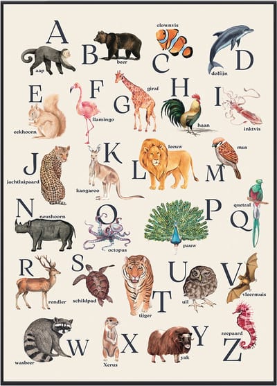 No Filter Dieren Alfabet Poster - 30x40 cm - Nederlands - Kinderkamer Educatief ABC - Dierenposter