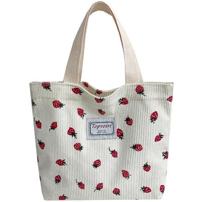 Grote Capaciteit Handtas met Aardbeienprint Corduroy Koreaanse Ins Stijl Mode Lunchtas Handtas voor Pendelaars white