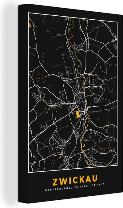 Canvas Schilderij Stadskaart – Plattegrond – Duitsland – Goud – Zwickau – Kaart - 20x30 cm - Wanddecoratie
