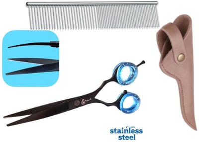 Professionele Hondenschaar – Ergonomische Kromme Trimschaar Met Luxe Lederen Etui – Brons + Anti-Klit Kam – Pijnloos & Huisdiervriendelijk