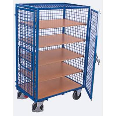 Kastwagen, staal/MDF-plaat, decor gentiaanblauw/beuken, 5 etages, 1045 x 685 mm, dak en dubbele vleugeldeur, afsluitbaar, EasySTOP, tot 500 kg