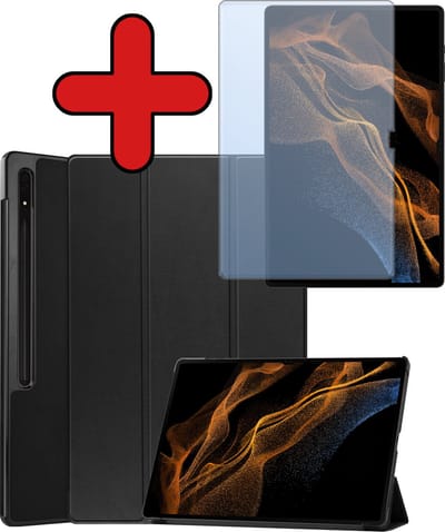 Hoesje - Geschikt voor Samsung Galaxy Tab S9 Ultra - Met Screenprotector - Trifold Bookcase Hoes - Hard Cover Case - Met Uitsparing Geschikt voor S Pen - Hardcover Book - Tablethoes - Zwart
