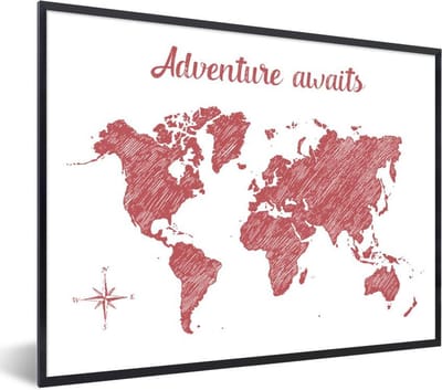 Poster in lijst - Fotolijst 80x60 cm - Posters - Wereldkaart - Rood - Wit - Posterlijst zwart - Decoratie - Wanddecoratie woonkamer - Muurdecoratie slaapkamer