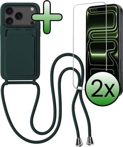 Hoes Geschikt voor iPhone 17 Pro Hoesje Pas Houder Case Hoes Met Koord Met 2x Screenprotector - Hoesje Geschikt voor iPhone 17 Pro Hoes Met Telefoonkoord Pasjeshouder Cover - Donkergroen