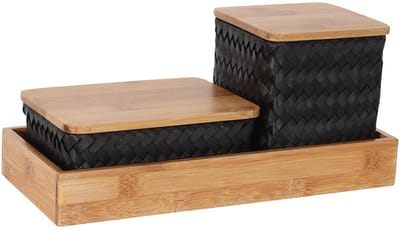 Organizer - Opbergmanden met bamboe deksel en rechthoekige tray - Bureau Organizer - Bureauhouder - Bureau accessoires Set - Set manden met deksel - Handgemaakt - Duurzaam - Organize (F)it ! - zwart - black
