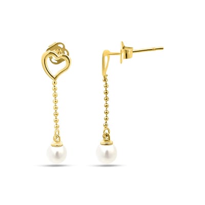 New Bling 9NBSAM-G230280 Gouden Oorhangers met Parel - 4,25mm - Hartje 5,6mm - 22,5mm Totaal Lengte - 14 Karaat - Goud