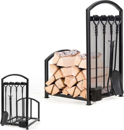Brandhoutrek - Houtopslag - Haard Onderhoud - Inclusief Haard Gereedschap - 70 cm Hoog - Zwart