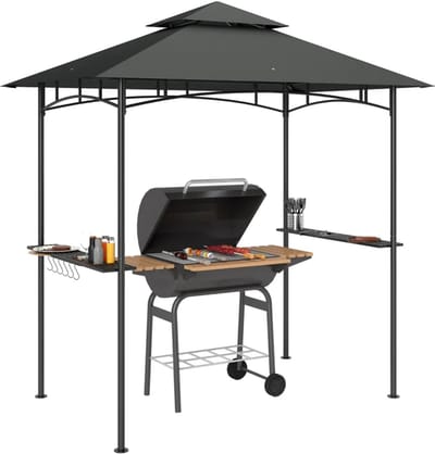 Grill Paviljoen - Grillpaviljoen met LED-Verlichting, 2 Zijplanken & Haken - BBQ Overkapping - Waterafstotend - Brandvertragend - Regenhoes - Tuinpaviljoen - Grillluifel voor Buitengrill - BBQ Tent - Pergola - voor Tuin, Balkon & Feesten - Zwart
