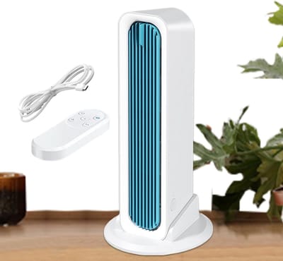 LISM - Oscillerende torenventilator, persoonlijke bureauventilator voor verkoeling in de zomer, draagbare, stille, bladloze oscillerende bureauventilator, torenventilator met drie snelheden voor naast het bed (wit en blauw)