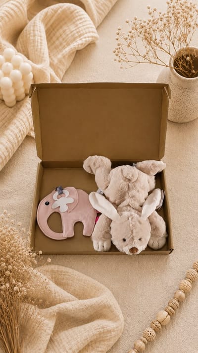 Kraamcadeau Baby – lichtroze – beige – Knuffel & Speenkoord – Luxe Cadeauset – Past door de Brievenbus – baby meisje – kraampakket – babyshower – geschenkset