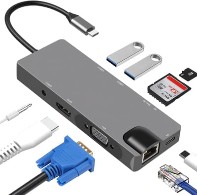 9-in-1 USB-C hub met USB 3.0, HDMI, RJ45, SD/TF-kaartlezer, 100W PD, VGA