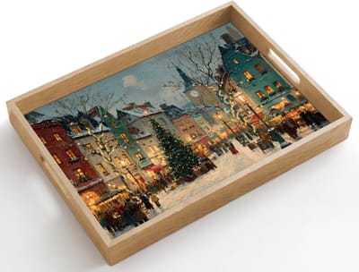 Dienblad hout 50x35 cm - Schootdienblad - Kerstsfeer - Stadsplein - Kleurrijk - Borrelplank rechthoek - Plateau dienbladen