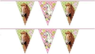 Paarden vlaggenlijn - 2x - 6 meter - plastic - themafeest paarden - versiering - slinger - Kinderfeest versiering - vlaggetjes