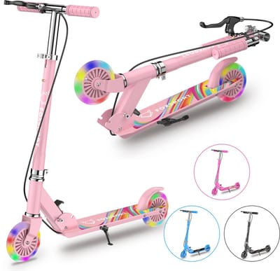 OFMOTRA Kinderstep - Scooter - met LED wielen - Opvouwbaar - Drie instelbare hoogte - met voetrem en handrem - Draagkracht tot 100 kg - roze