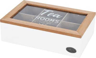 Excellent Houseware Theedoos - 6-vaks - wit/bruin - hout - 24 x 16 x 7 cm - theekist voor thuis - glazen deksel