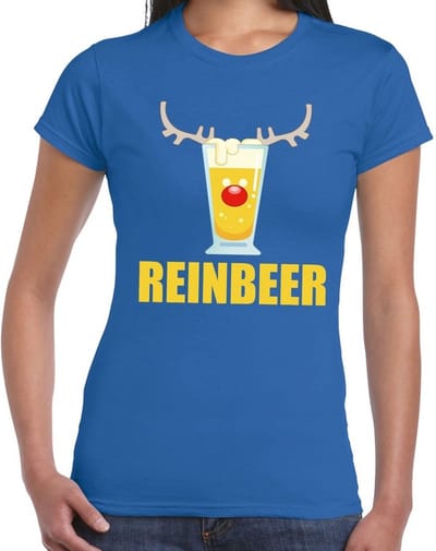 Foute Kersttrui t-shirt - Reinbeer - blauw - voor dames - drank thema - korte mouwen S