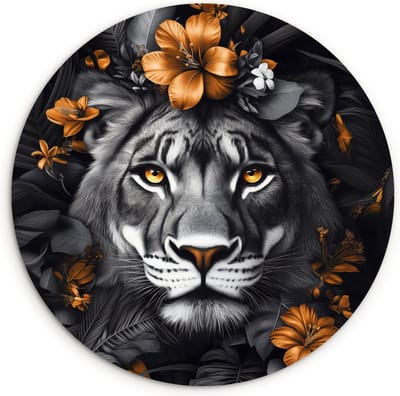 WallCircle® Wandcirkel 120x120 cm - Muurcirkel Tijger - Zwart wit - Goud - Bloemen - Botanisch - Muurdecoratie woonkamer - Wanddecoratie slaapkamer - Kamer decoratie accessoires - Ronde schilderijen XXL