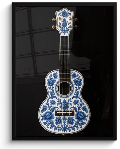 Poster in lijst - Fotolijst 50x70 cm - Posters - Ukelele - Delfts - Blauw - Muziek - Posterlijst zwart - Decoratie - Wanddecoratie woonkamer - Muurdecoratie slaapkamer