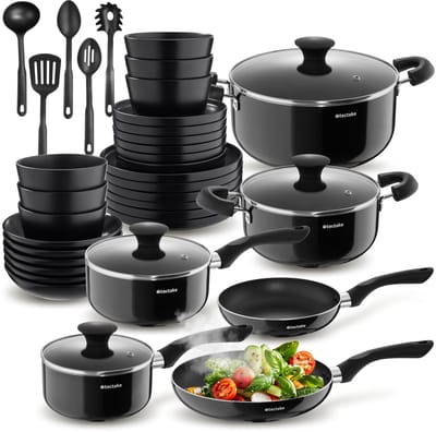 tectake® Kookgerei Set - Complete Set voor 6 Personen - 39-delige Keukengerei Set met Servies en Pannen - Pannenset met Koekenpan - Serviesset - Magnetron- en Vaatwasserbestendig - Keukenset Perfect voor Starters - Geschikt voor Inductie - Zwart
