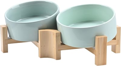 Kantelbare keramische hondenbak met houten standaard - Antislip voer- en waterbak voor kleine en middelgrote honden en katten - 400 ml - Groen