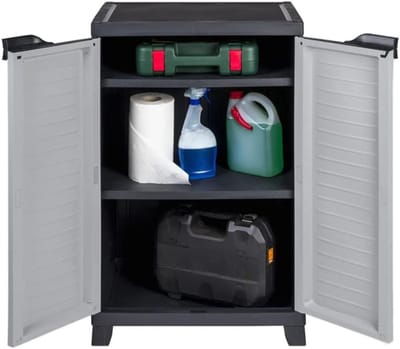 REN® Tuinkast Kunststof - Tuinkast - Tuinkast Kunststof voor Buiten - 2 verstelbare planken en elk 20 kg draagkracht - Zwart-Grijs - 65cm x 48cm x 92cm