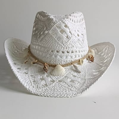 Westerse Cowboy Hoeden Strand Boheemse Strohoed Houten Kralen Uitgesneden Zonnehoed Schelp Dames Heren cowboyhoed M55-58cm gray