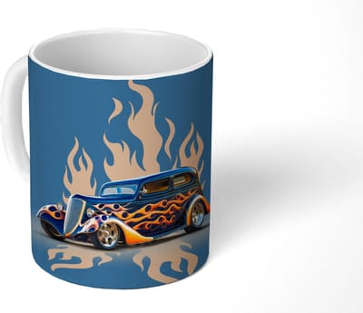 Mok - Koffiemok - Auto - Vintage - Blauw - Vlammen - Mokken - 350 ML - Beker - Koffiemokken - Theemok