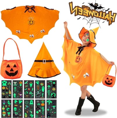 Halloween Kostuum voor Kinderen - Tovenaar en Heks Outfit met Hoed, Pompoentas en Toverstok - Perfect voor Feestjes en Trick or Treat