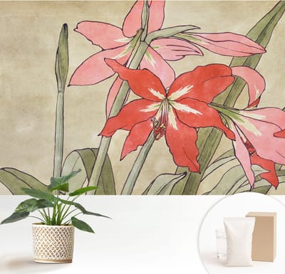 Wallfluent Behang - Dagbloem Vliesbehang - 152x104 cm - Beige Behang - Voor liefhebbers van natuur en oosterse kunst - Behang Voor de woonkamer, slaapkamer en kantoor - Wandbekleding Bloemen en planten