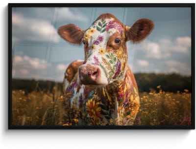 Poster in lijst - Fotolijst 120x80 cm - Posters - Koe - Bloemen - Weiland - Posterlijst zwart - Decoratie - Wanddecoratie woonkamer - Muurdecoratie slaapkamer