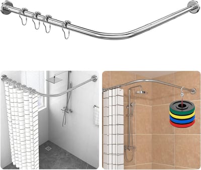 Famanu - L-vormige douchegordijnstang wit, verstelbaar 61-134 × 61-134 cm, 90 graden, met 12 ringen