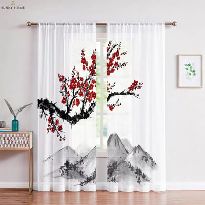 2 Stuks Landschap Inkt Schilderij Gedrukte Gordijnen Zwart en Wit Tunnelzak Slaapkamer Woonkamer Studeerkamer Decoratieve Gordijnen W50xH140(CM)x2PCS&Grommet Top white