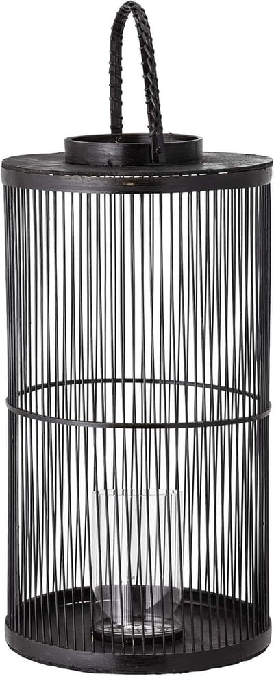 Lantaarn met glas - Windlicht decoratie - Sfeervolle verlichting - Natuurlijk bamboe materiaal - Zwart