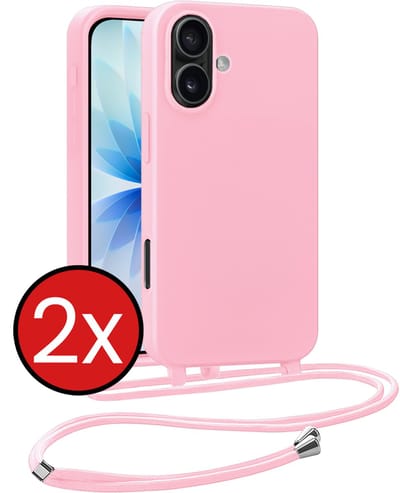 Hoesje Geschikt voor iPhone 17 Hoesje Siliconen Case Met Koord - Hoes Geschikt voor iPhone 17 Hoesje Backcover Met Telefoonkoord - Lichtroze - 2 PACK