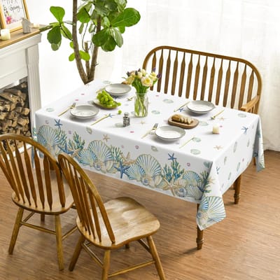 Nappe sur le thème de l'océan d'été pour décoration de table Aquarelle Vie marine Coquillage Corail Étoile de mer Conque Rectangulaire Nappe de Table Décoration de Fête 90x140cm