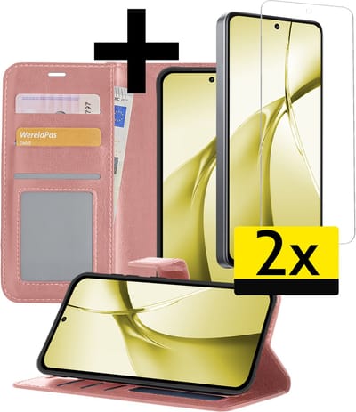 Hoesje - Met 2x Screenprotector - Geschikt voor OnePlus Nord CE4 - Luxe Pasjeshouder - Bookcase Portemonee - Flip Case - Kunstleer Book Case - Flipcase Hoes - Book Cover - Walletcase - Portemonneehoes - Telefoonhoesjes - Rosé goud