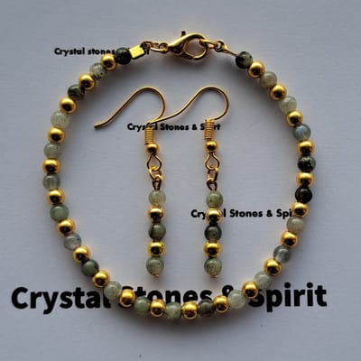 Set Armband / oorbellen Labradoriet, 4 mm goudkleurig